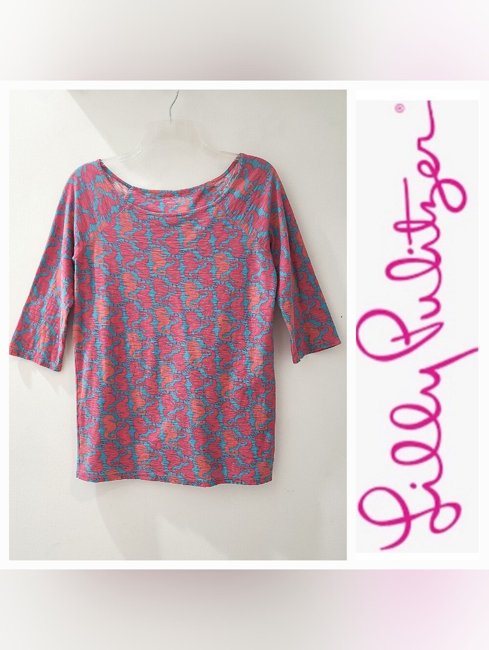 Lilly Pulitzer Cassie Slub Knit Top Pink/turquoise Hold Your Horses Sz M